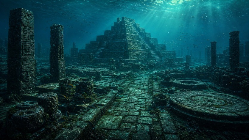 A simulation image of the underwater ancient city in Fuxian Lake generated by AI