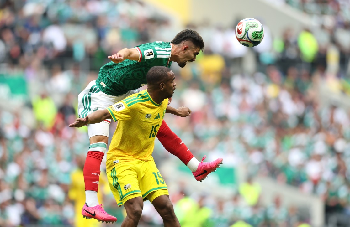 In the opening match of the 2026 World Cup between South Africa and Mexico, players challenge for the ball, which is the official match ball, TRIONDA.
