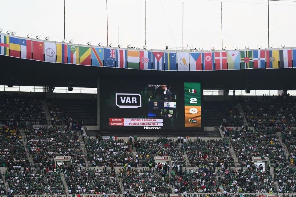 At the 2026 FIFA World Cup, a Hisense VAR screen appears on the pitch during the match between South Africa and Mexico.