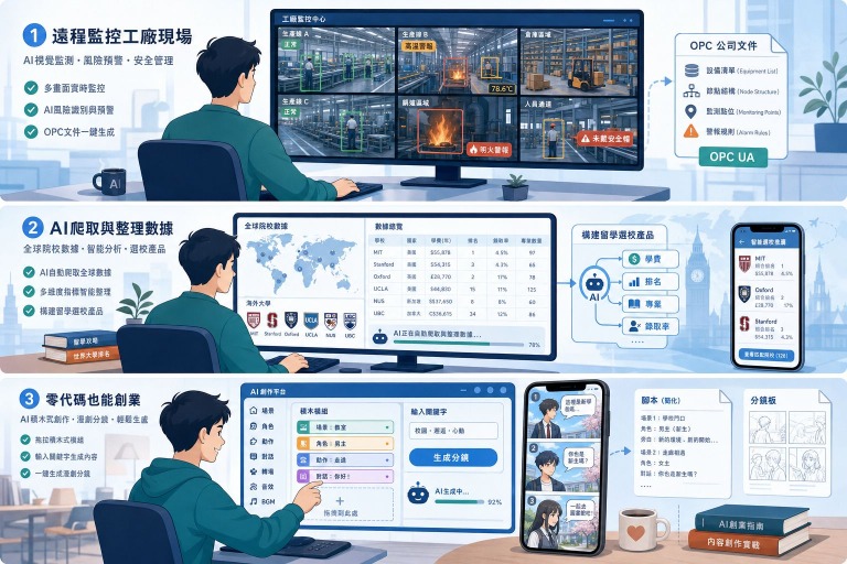 由AI生成的圖像，描述一人公司創業者使用AI工具製作工廠安全監控攝像頭、留學選校產品、動漫劇集的工作流程和場景。