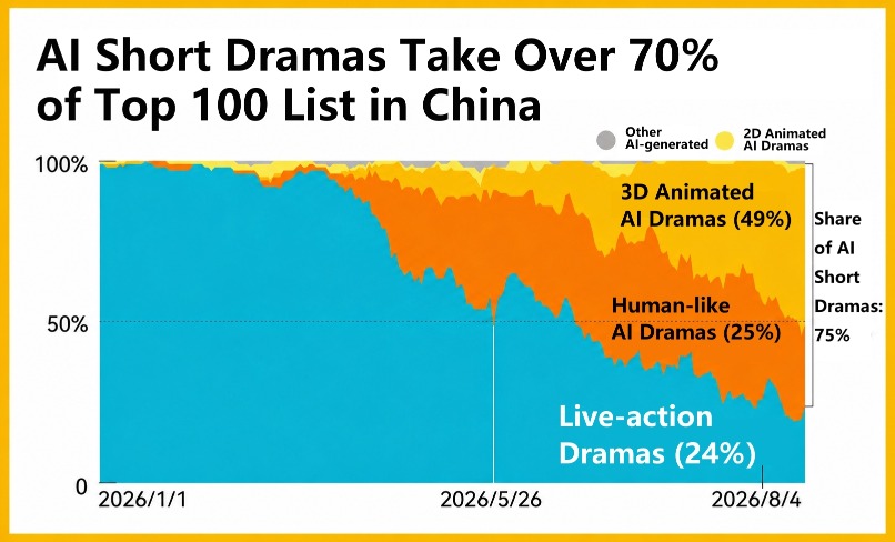 A stacked area chart shows that as of 4 August 2026, among the top 100 trending short dramas, AI short dramas account for 75%, and live-action dramas account for 24%; the AI short dramas are mainly 3D animated dramas and human-like dramas.