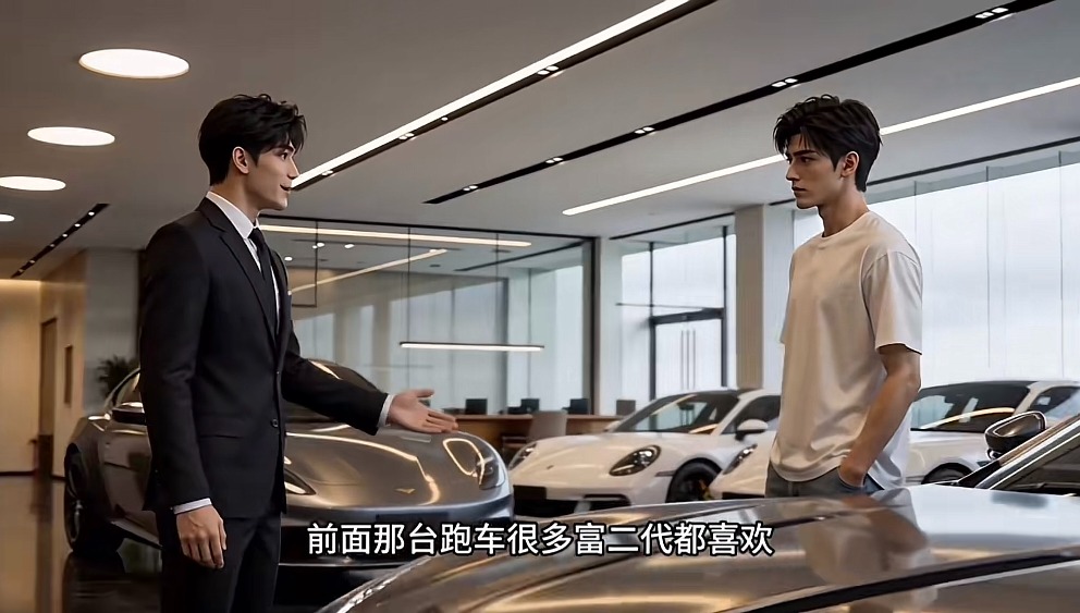 AI短劇《都重生了，誰還裝富二代啊》的其中一幕，講述主角到車行買豪車。