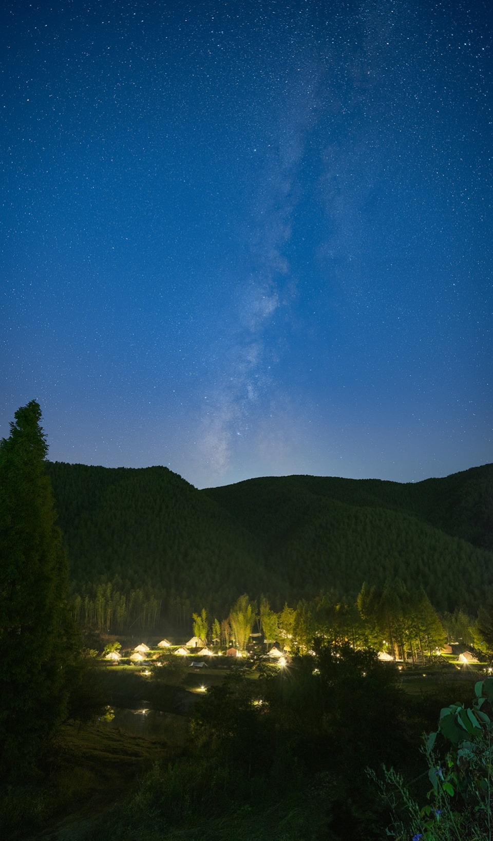 安吉小杭坑露營基地夜景，營地燈火點亮山野