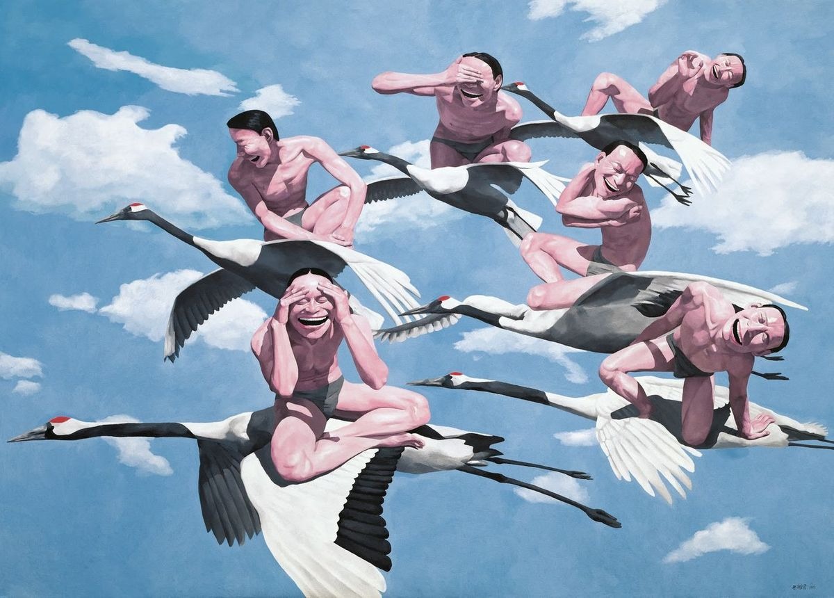 2012年岳敏君接受《紐約時報》訪問時說:「笑臉是一種隱蔽的政治批判,這個社會裏,人被迫要戴上面具表示對一切都很滿意。」 此乃他於1994年創作的《希阿島的屠殺》。(網上圖片) 2012年岳敏君接受《紐約時報》訪問時說:「笑臉是一種隱蔽的政治批判,這個社會裏,人被迫要戴上面具表示對一切都很滿意。」 此乃他於1994年創作的《希阿島的屠殺》。(網上圖片)