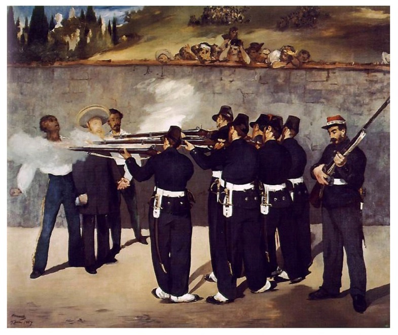 岳敏君1996年《處決》,是對法國印象派之父Édouard Manet 1867年《處決馬西米連諾皇帝》的二次創作,卡地亞當代藝術基金會館長Hervé Chandès分析「岳敏君作品,大笑背後訴求是拘禁、受困。」 岳敏君1996年《處決》,是對法國印象派之父Édouard Manet 1867年《處決馬西米連諾皇帝》的二次創作,卡地亞當代藝術基金會館長Hervé Chandès分析「岳敏君作品,大笑背後訴求是拘禁、受困。」