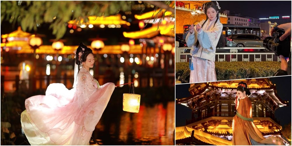 西安是最受遊客歡迎的漢服旅拍城市，整個城市遍布文物遺址，為漢服旅拍提供天然的取景地，西安鐘樓、大唐不夜城、大唐芙蓉園、大雁塔等熱門景點，遊客身穿不同形制的漢服正在旅拍。