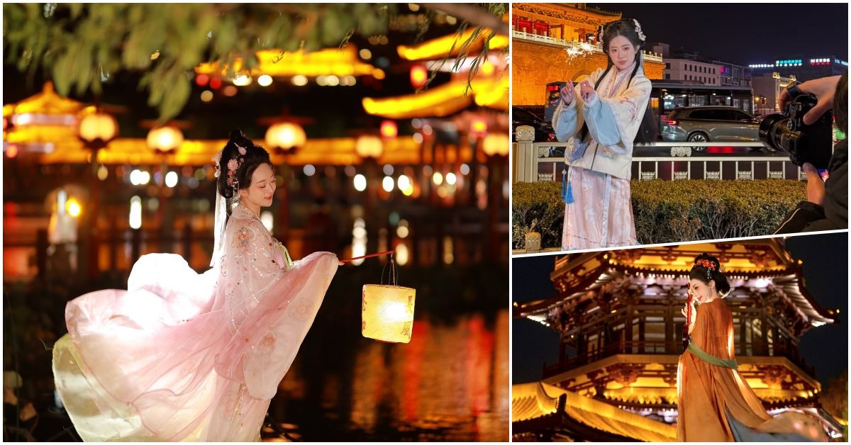 西安是最受遊客歡迎的漢服旅拍城市，整個城市遍布文物遺址，為漢服旅拍提供天然的取景地，西安鐘樓、大唐不夜城、大唐芙蓉園、大雁塔等熱門景點，遊客身穿不同形制的漢服正在旅拍。