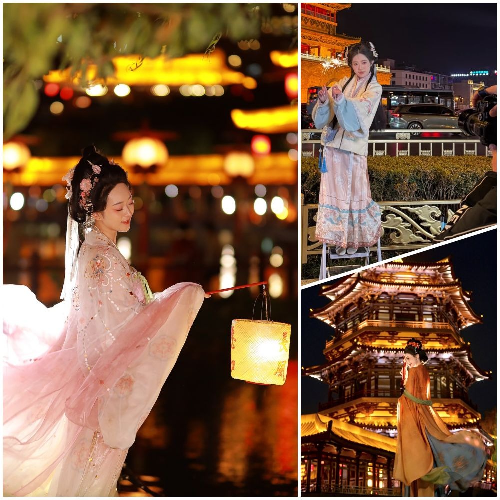 西安是最受遊客歡迎的漢服旅拍城市，整個城市遍布文物遺址，為漢服旅拍提供天然的取景地，西安鐘樓、大唐不夜城、大唐芙蓉園、大雁塔等熱門景點，遊客身穿不同形制的漢服正在旅拍。