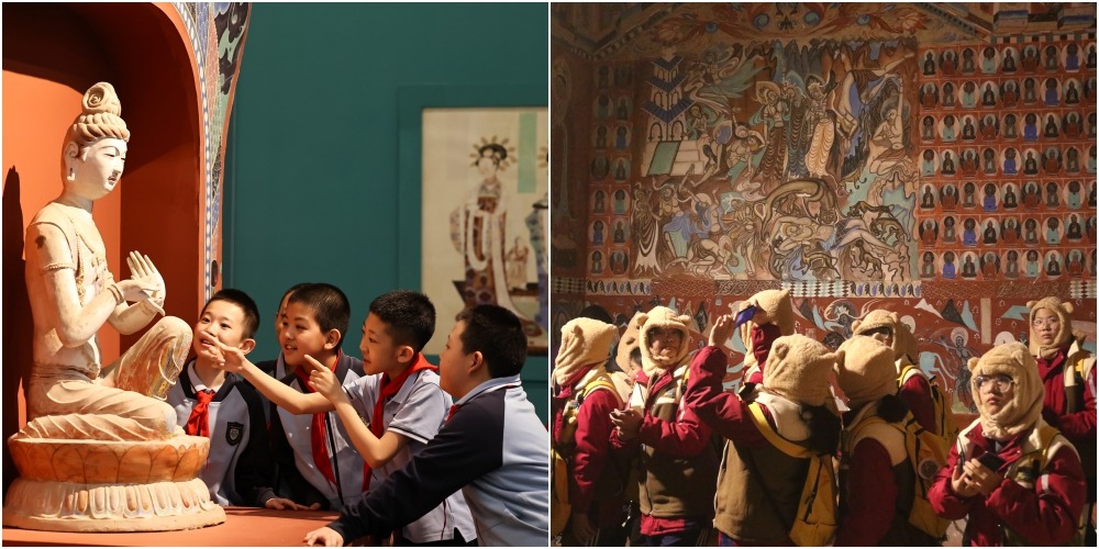  2026年5月18日適逢國際博物館日，小學生到敦煌研究院蘭州敦煌藝術館參觀，在一尊佛像展品前開心觀摩。寒假時，研學學子在敦煌莫高里工匠村參觀。