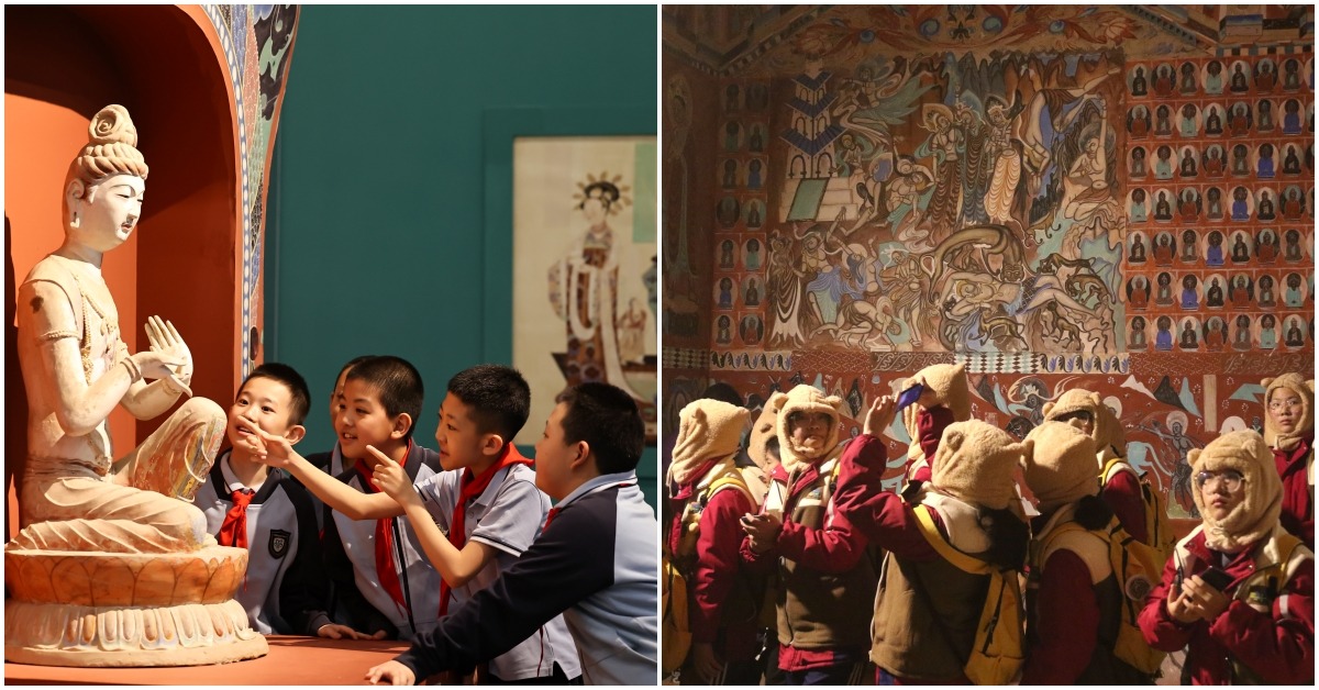  2026年5月18日適逢國際博物館日，小學生到敦煌研究院蘭州敦煌藝術館參觀，在一尊佛像展品前開心觀摩。寒假時，研學學子在敦煌莫高里工匠村參觀。