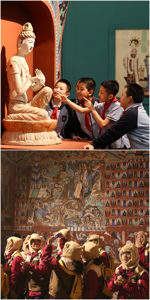  2026年5月18日適逢國際博物館日，小學生到敦煌研究院蘭州敦煌藝術館參觀，在一尊佛像展品前開心觀摩。寒假時，研學學子在敦煌莫高里工匠村參觀。
