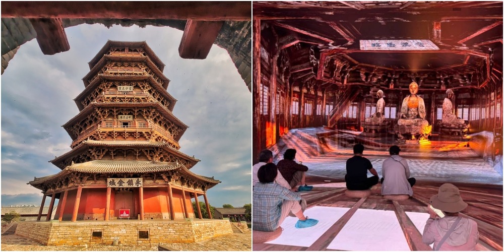 山西應縣木塔與小西天懸塑，分別在沉浸式數字空間和數字展覽中呈現，觀眾置身其中，感受山西古建的數字化保護成果。