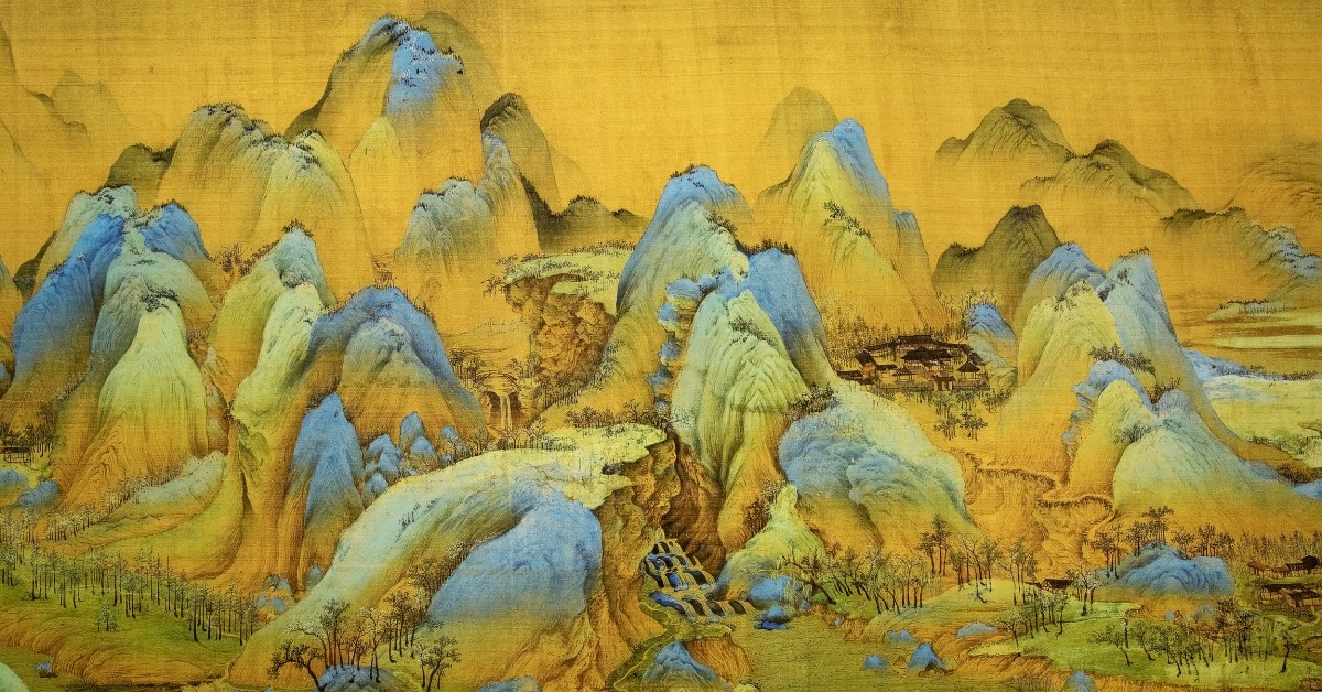 《千里江山圖》，北宋王希孟以石青石綠等礦物顏料繪成的絹本青綠山水長卷，山巒起伏、江河縱橫、村舍點綴，色彩青綠瑩潤、構圖宏大。
