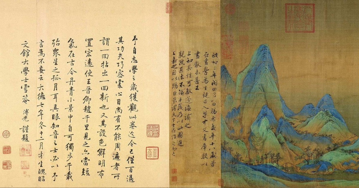 《千里江山圖》局部：右側展現青綠山水以及北宋宰相蔡京題跋，左側為元代著名書法家溥光的題跋。