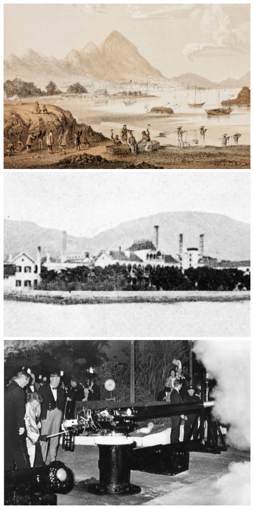  左图：铜锣湾百德新街1960年代下午4点企鹅出巡；右下图：告士打道海旁每天正午发射礼炮