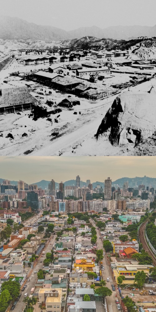 （左）1926年从拔萃男书院远眺九龙塘「花园城市」。 （右）2023年的九龙塘「花园城市」。