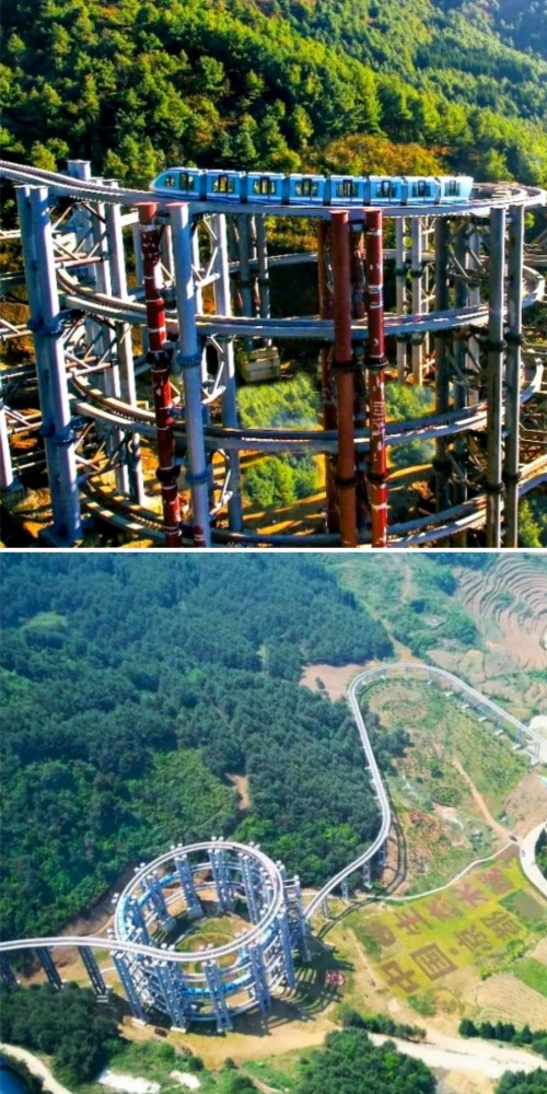 贵州野玉海单轨高架观光小火车-最高的螺旋盘升跨坐式单轨桥