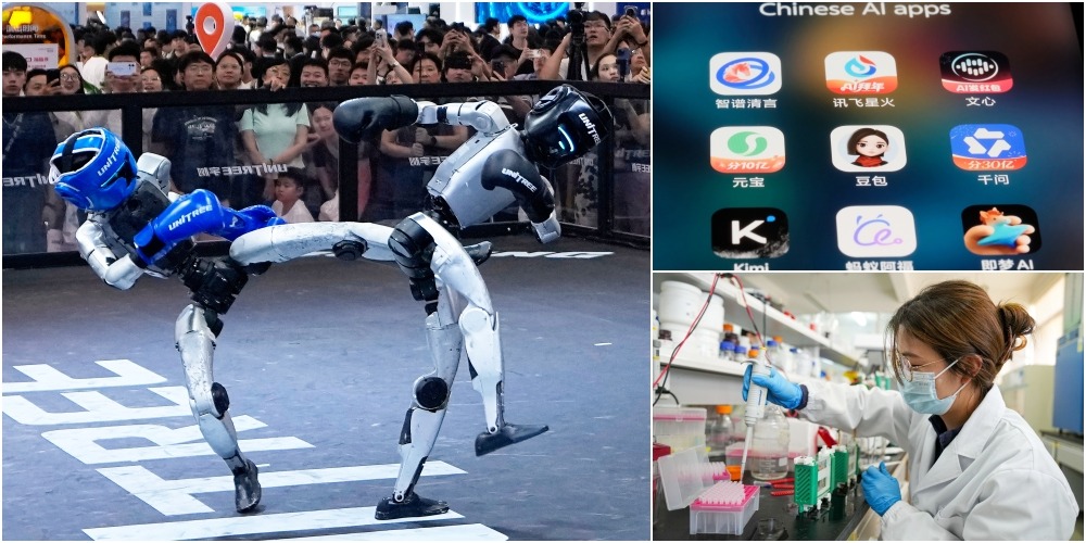 三聯圖呈現：宇樹人形機械人對打動作，手機屏幕上顯示Kimi、豆包、文心等中國AI應用程式，科研人員在實驗室進行創新藥研發。