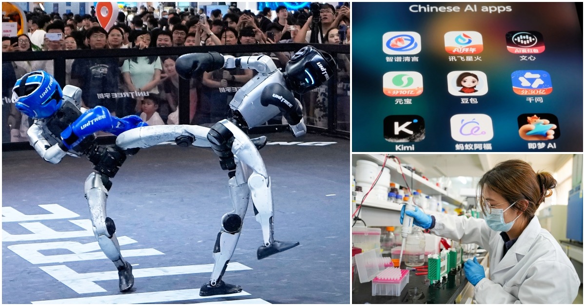 三聯圖呈現：宇樹人形機械人對打動作，手機屏幕上顯示Kimi、豆包、文心等中國AI應用程式，科研人員在實驗室進行創新藥研發。